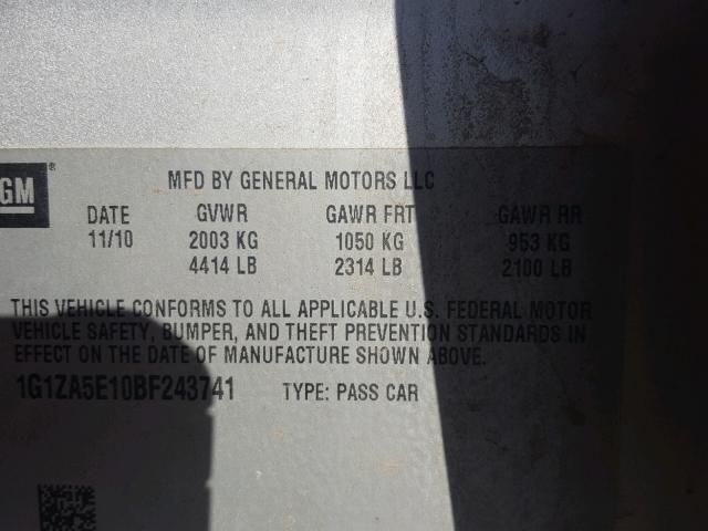 1G1ZA5E10BF243741 - 2011 CHEVROLET MALIBU LS ვერცხლისფერი ფოტო 10