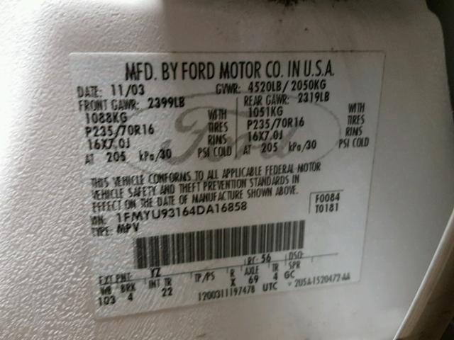 1FMYU93164DA16858 - 2004 FORD ESCAPE XLT WHITE photo 10