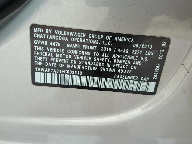 1VWAP7A31EC002313 - 2014 VOLKSWAGEN PASSAT S SILVER photo 10