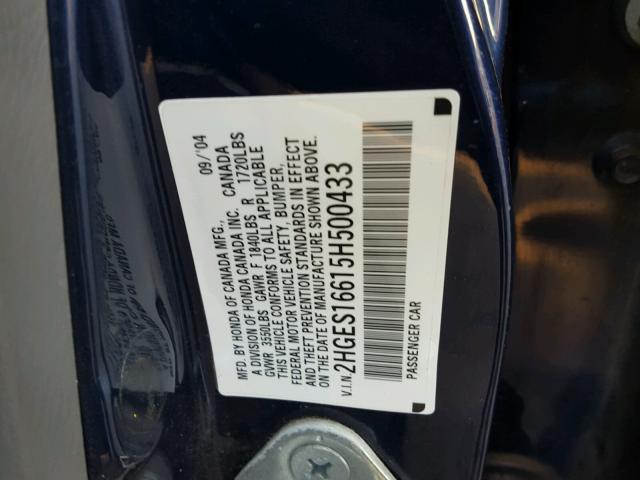 2HGES16615H500433 - 2005 HONDA CIVIC LX BLUE photo 10