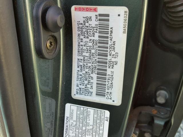 JTDBE32K720021960 - 2002 TOYOTA CAMRY LE GREEN photo 10