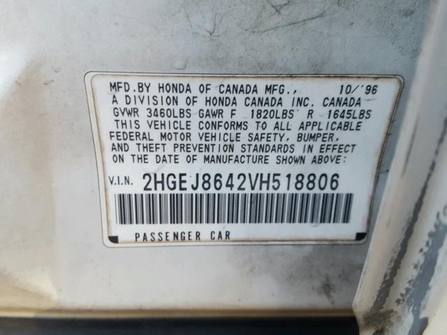 2HGEJ8642VH518806 - 1997 HONDA CIVIC EX WHITE photo 10