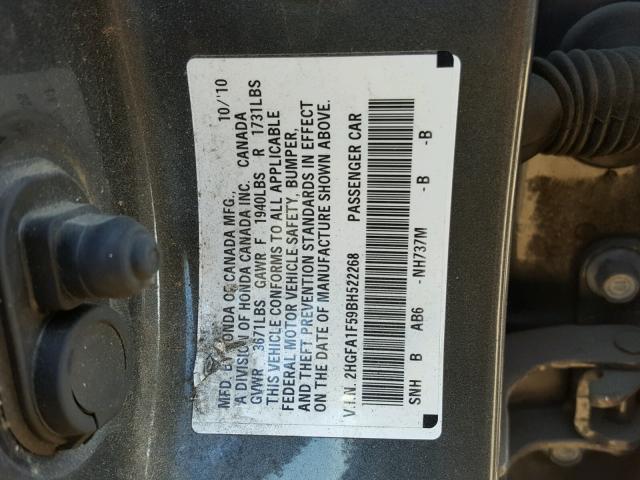 2HGFA1F59BH522268 - 2011 HONDA CIVIC LX GRAY photo 10