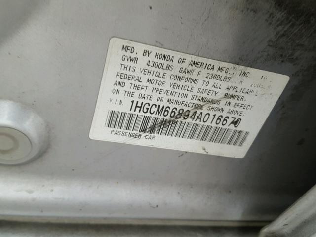 1HGCM66894A016670 - 2004 HONDA ACCORD EX WHITE photo 10