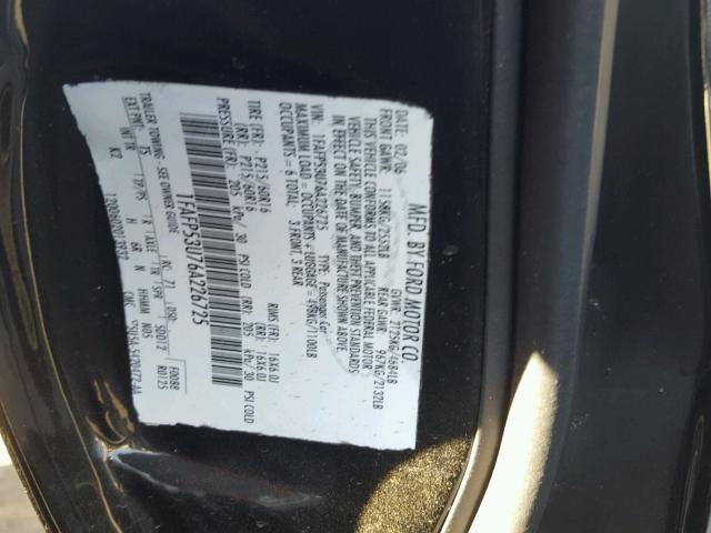 1FAFP53U76A226725 - 2006 FORD TAURUS SE BLACK photo 10