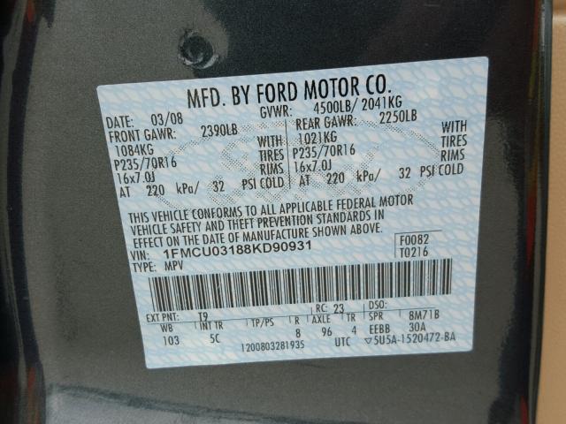 1FMCU03188KD90931 - 2008 FORD ESCAPE XLT GREEN photo 10