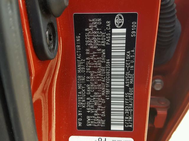 4T1BF1FK0CU623584 - 2012 TOYOTA CAMRY BASE RED photo 10