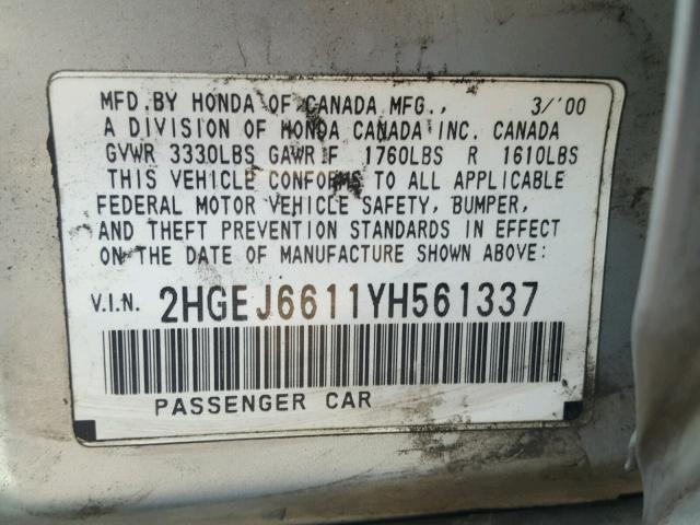 2HGEJ6611YH561337 - 2000 HONDA CIVIC BASE Gümüş foto 10