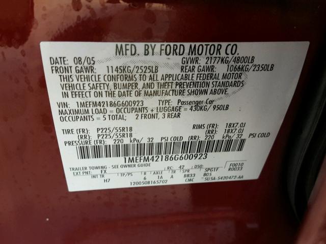 1MEFM42186G600923 - 2006 MERCURY MONTEGO PR 栗色 照片 10