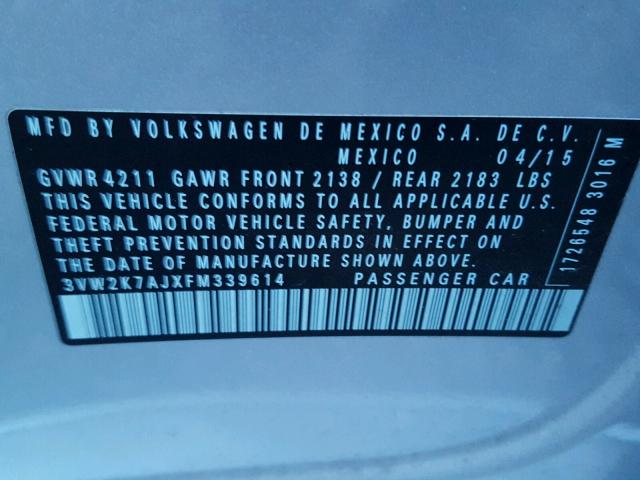 3VW2K7AJXFM339614 - 2015 VOLKSWAGEN JETTA BASE WHITE photo 10