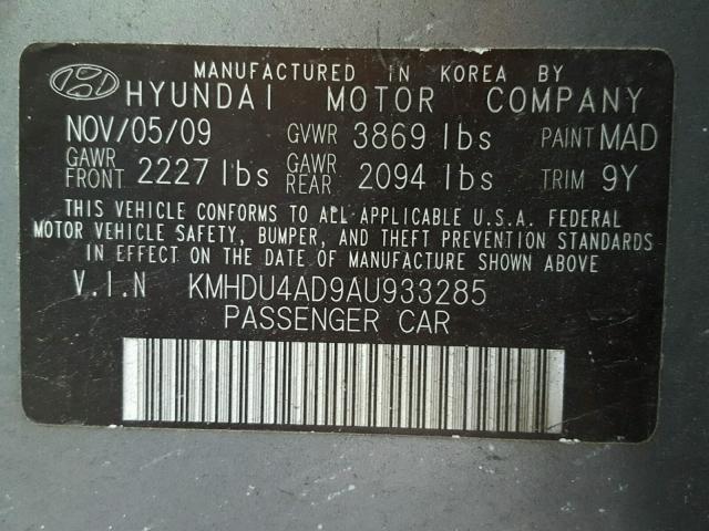 KMHDU4AD9AU933285 - 2010 HYUNDAI ELANTRA BL GRAY photo 10