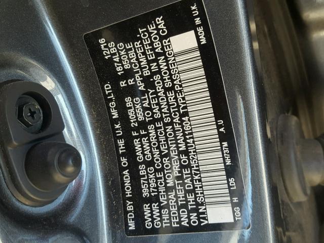 SHHFK7H52HU411604 - 2017 HONDA CIVIC EX ნაცრისფერი ფოტო 10