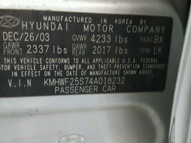 KMHWF25S74A018232 - 2004 HYUNDAI SONATA GL SILVER photo 10