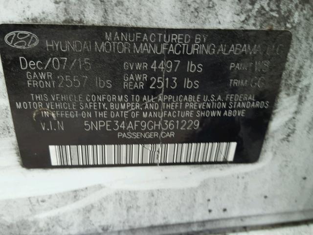 5NPE34AF9GH361229 - 2016 HYUNDAI SONATA SPO WHITE photo 10