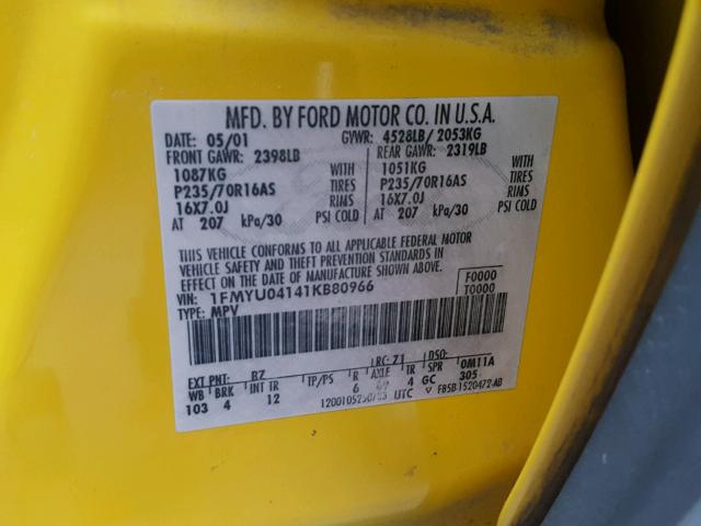 1FMYU04141KB80966 - 2001 FORD ESCAPE XLT YELLOW photo 10