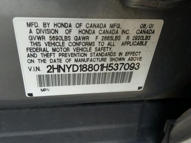 2HNYD18801H537093 - 2001 ACURA MDX TOURIN GRAY photo 10