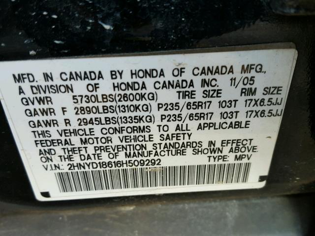 2HNYD18616H509292 - 2006 ACURA MDX TOURIN BLACK photo 10