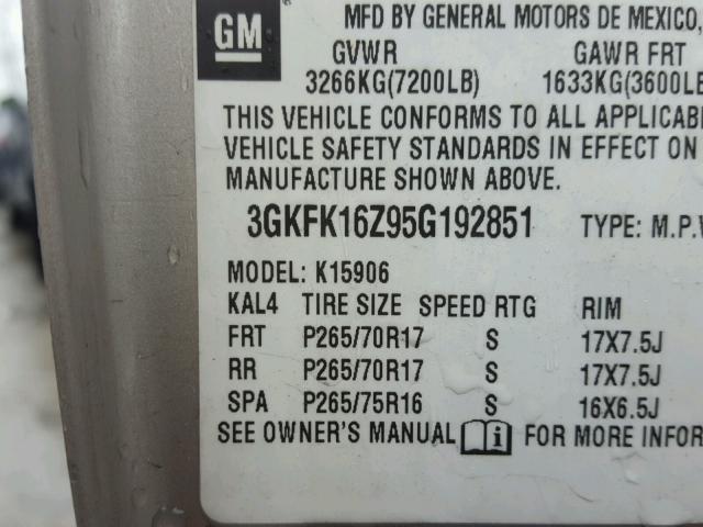 3GKFK16Z95G192851 - 2005 GMC YUKON XL K SILVER photo 10