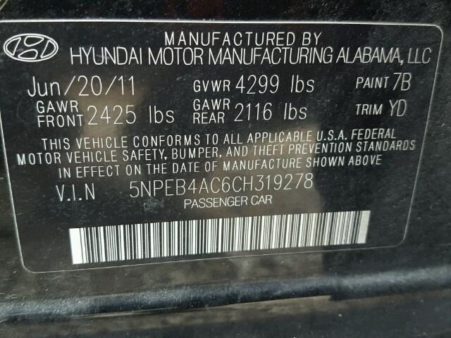 5NPEB4AC6CH319278 - 2012 HYUNDAI SONATA GLS BLACK photo 10