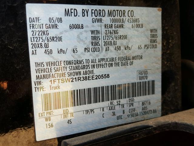 1FTSW21R38EE20558 - 2008 FORD F250 SUPER BLACK photo 10