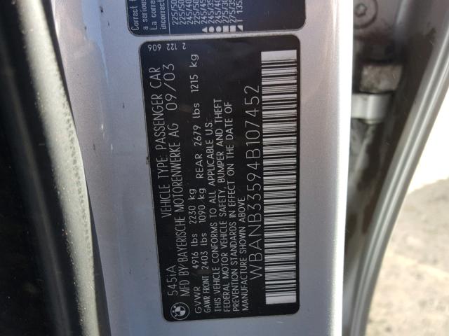 WBANB33594B107452 - 2004 BMW 545 I SILVER photo 10