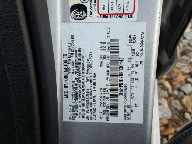 3FAHP0JG7BR330446 - 2011 FORD FUSION SEL SILVER photo 10