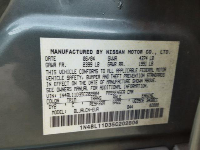 1N4BL11D35C202804 - 2005 NISSAN ALTIMA SE GREEN photo 10