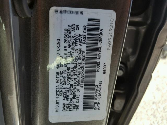 4T1BE30K43U738275 - 2003 TOYOTA CAMRY LE CHARCOAL photo 10