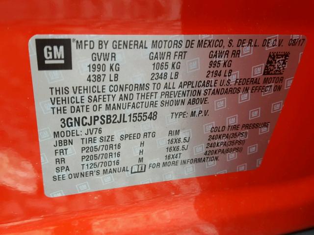 3GNCJPSB2JL155548 - 2018 CHEVROLET TRAX 1LT RED photo 10