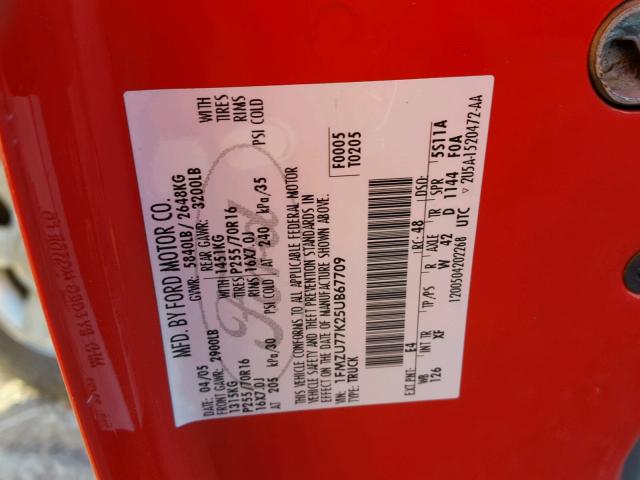 1FMZU77K25UB67709 - 2005 FORD EXPLORER S 红色 照片 10