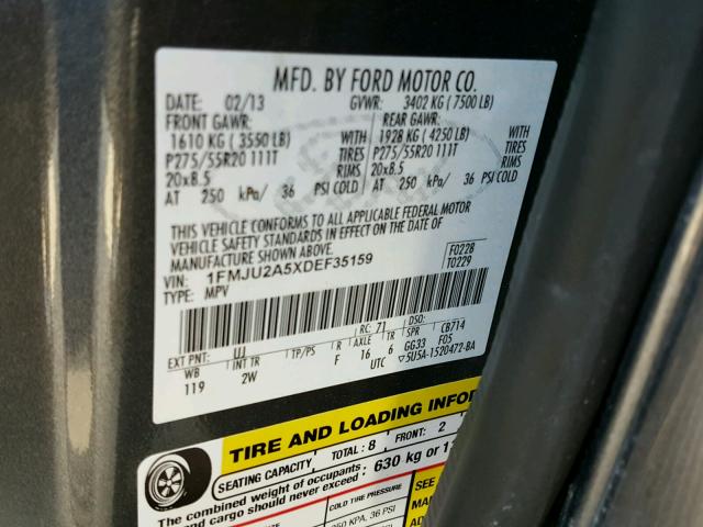 1FMJU2A5XDEF35159 - 2013 FORD EXPEDITION GRAY photo 10