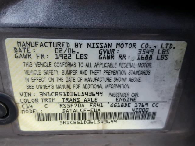 3N1CB51D36L543699 - 2006 NISSAN SENTRA 1.8 TAN photo 10