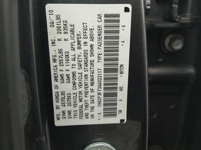 1HGCP3F73AA022117 - 2010 HONDA ACCORD EX GRAY photo 10