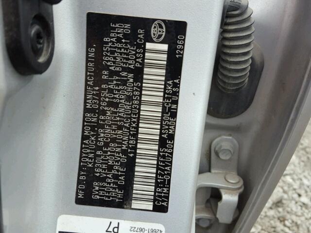 4T1BF1FKXEU385875 - 2014 TOYOTA CAMRY L SILVER photo 10