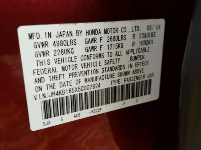 JH4KB165X5C002824 - 2005 ACURA RL წითელი ფოტო 10