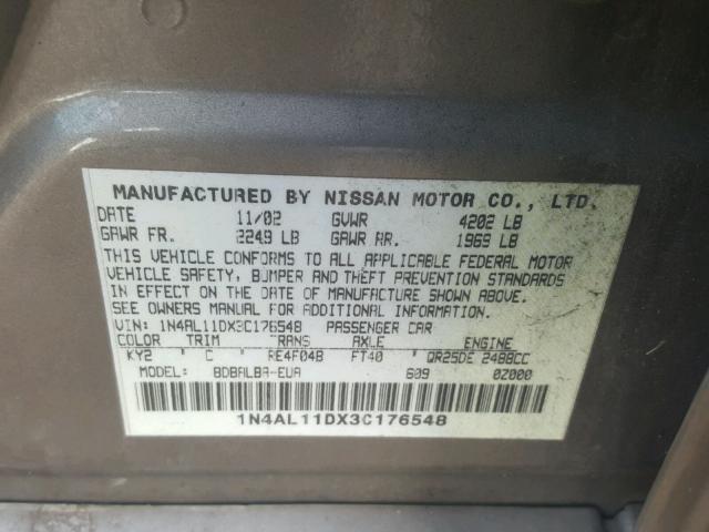 1N4AL11DX3C176548 - 2003 NISSAN ALTIMA BAS BEIGE photo 10