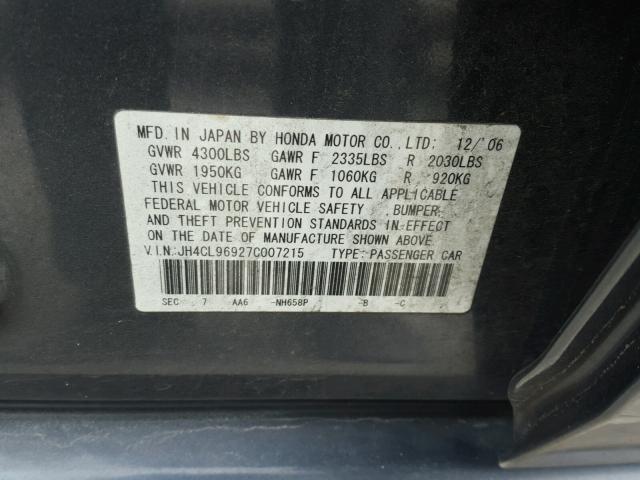 JH4CL96927C007215 - 2007 ACURA TSX GRAY photo 10