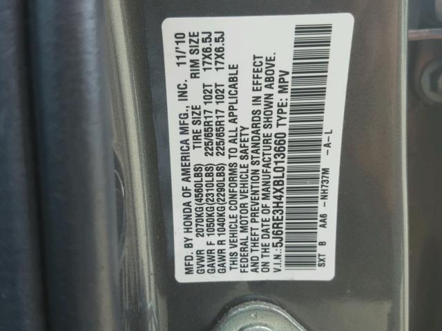 5J6RE3H4XBL013660 - 2011 HONDA CR-V SE CHARCOAL photo 10