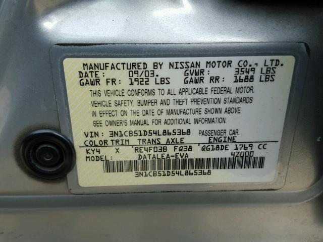 3N1CB51D54L865368 - 2004 NISSAN SENTRA 1.8 SILVER photo 10