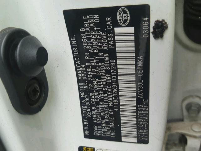 4T1BE32K94U317280 - 2004 TOYOTA CAMRY LE დამწვარი ფოტო 10