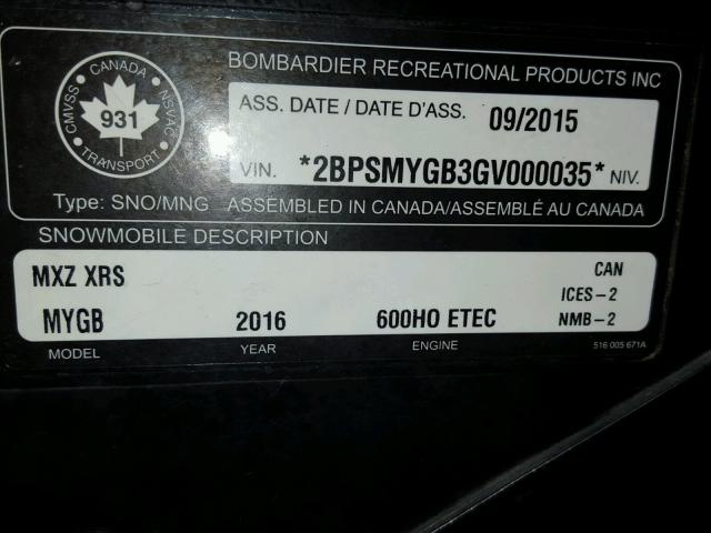 2BPSMYGB3GV000035 - 2016 SKID XRS BLACK photo 10