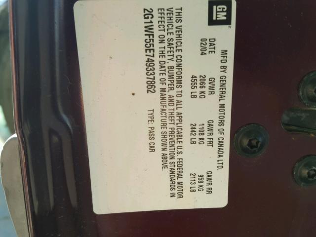 2G1WF55E749337862 - 2004 CHEVROLET IMPALA BURGUNDY photo 10