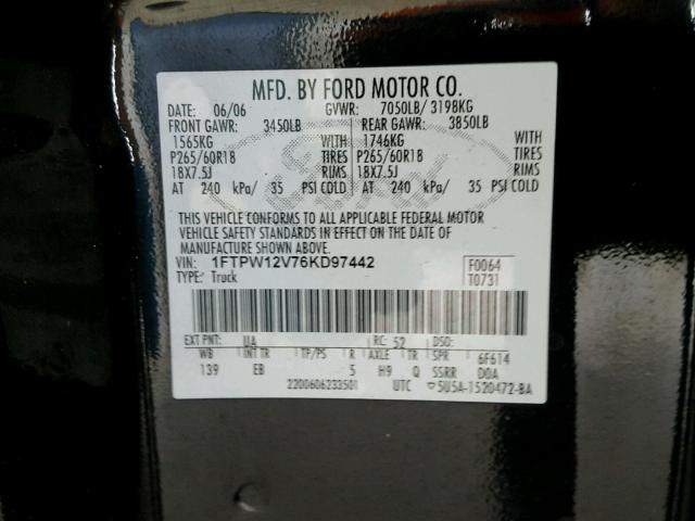 1FTPW12V76KD97442 - 2006 FORD F150 SUPER BLACK photo 10