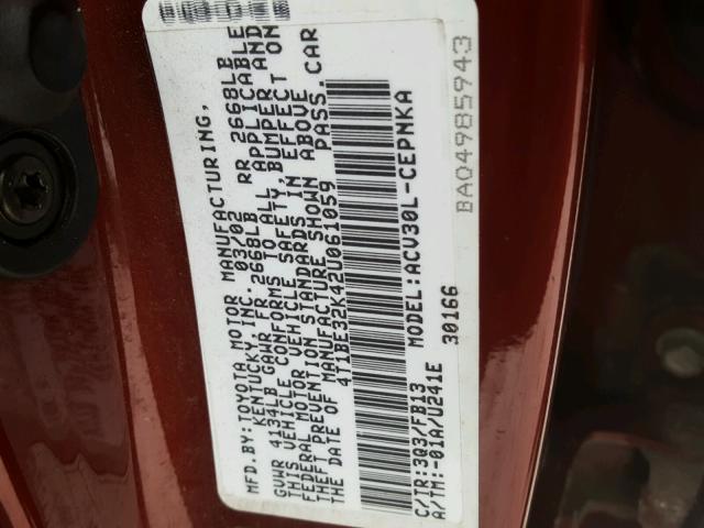 4T1BE32K42U061059 - 2002 TOYOTA CAMRY LE ბურგუნდია ფოტო 10