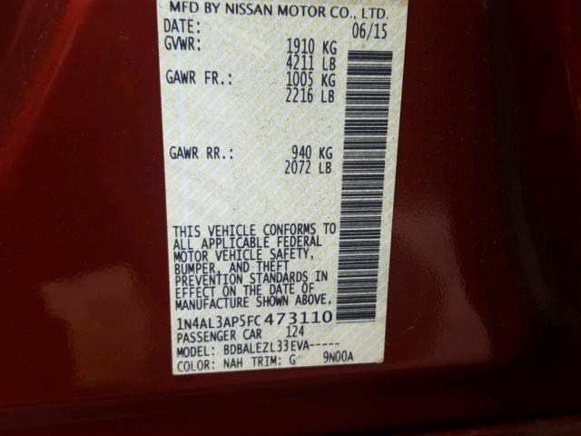 1N4AL3AP5FC473110 - 2015 NISSAN ALTIMA 2.5 RED photo 10