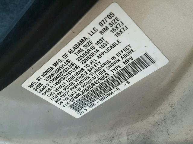 5FNRL38685B423653 - 2005 HONDA ODYSSEY EX SILVER photo 10