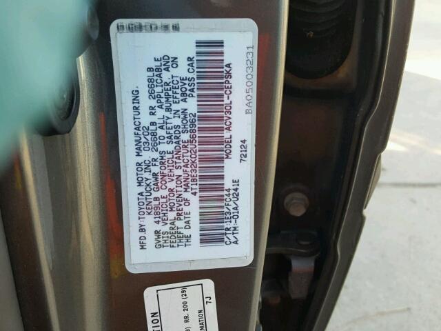 4T1BE32K02U568962 - 2002 TOYOTA CAMRY LE GRAY photo 10