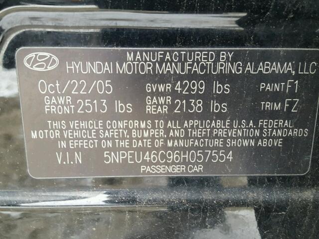 5NPEU46C96H057554 - 2006 HYUNDAI SONATA GLS BLACK photo 10