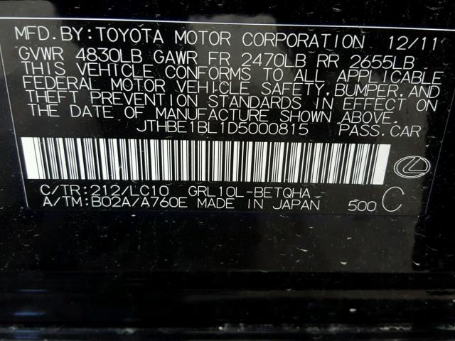 JTHBE1BL1D5000815 - 2013 LEXUS GS 350 BLACK photo 10