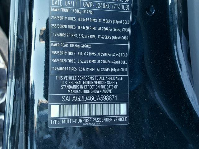 SALAG2D46CA598871 - 2012 LAND ROVER LR4 HSE BLACK photo 10